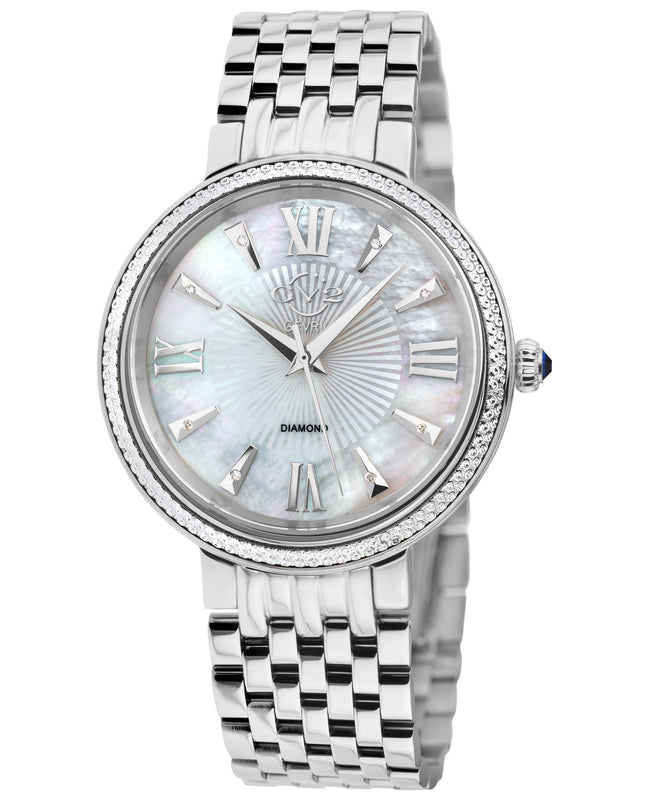 Genoa GV2 Women's Diamond Swiss Quartz Watch, White MOP dial, Diamond Cut Bezel, 8 Diamonds on Dial, Bracelet | White Dial