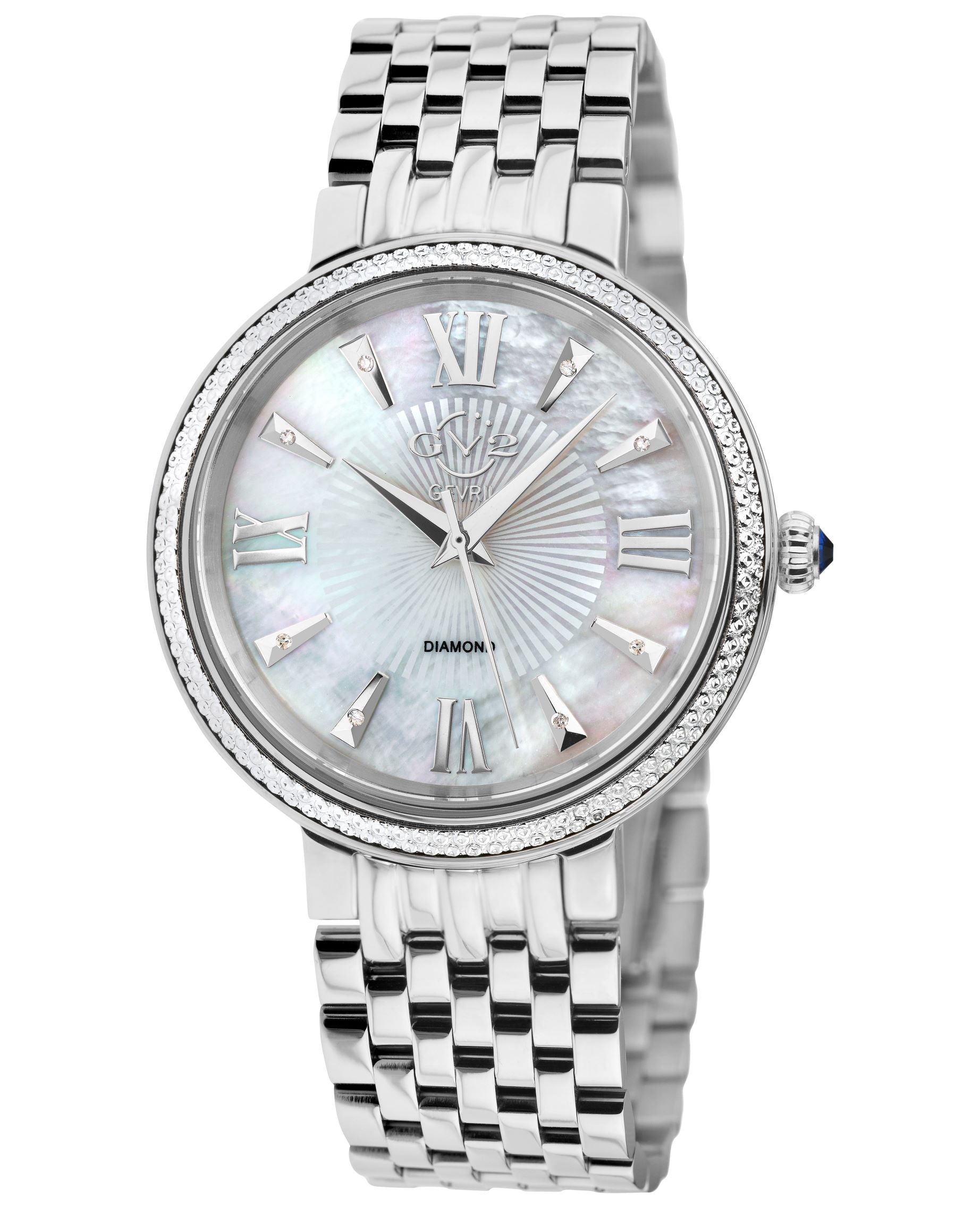 Genoa GV2 Women's Diamond Swiss Quartz Watch, White MOP dial, Diamond Cut Bezel, 8 Diamonds on Dial, Bracelet | White Dial