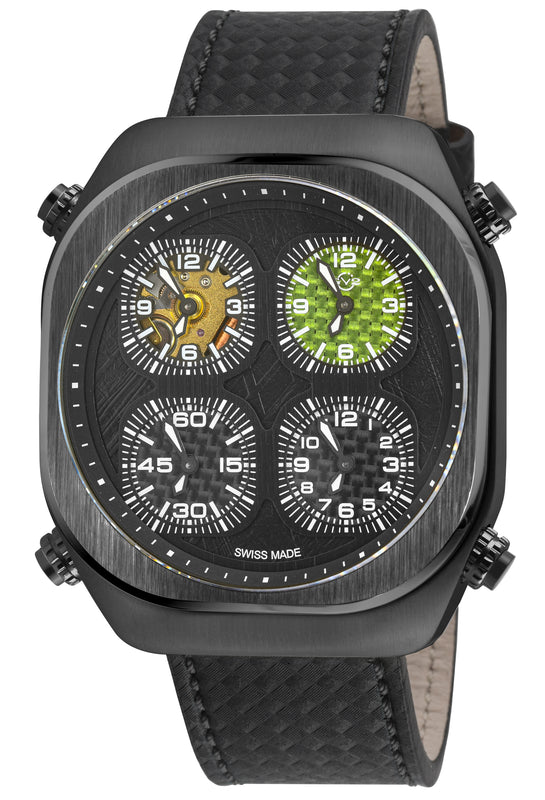 Quattro Zone GV2 Swiss Quartz, 316L Black Case, Black Bezel, Black dial, Sub Dials, Black Italian Leather Strap | Black Dial