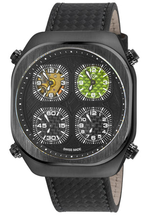 Quattro Zone GV2 Swiss Quartz, 316L Black Case, Black Bezel, Black dial, Sub Dials, Black Italian Leather Strap | Black Dial