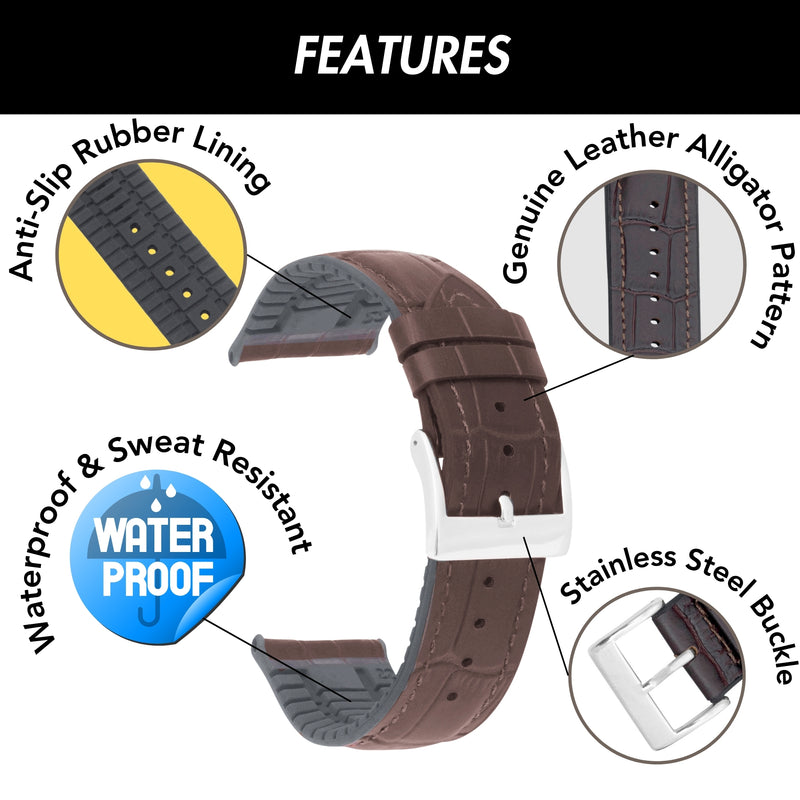 Hybrid Watch Band, Leather / Rubber Lining - Alligator Pattern Brown / 20mm |  Dial