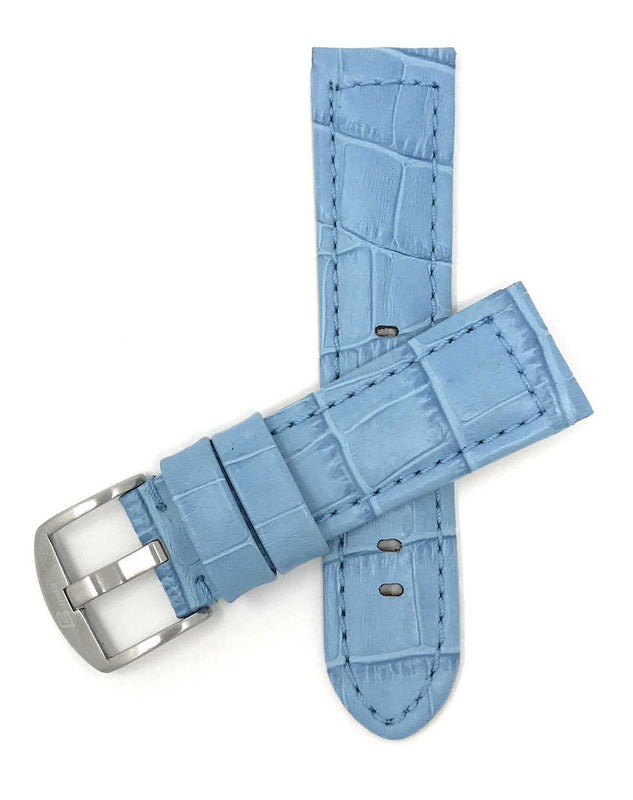 Bandini 24mm Light Blue Italian Leather Watch Band - Alligator Pattern - Padded 24mm / Light Blue / Silver Buckle |  Dial