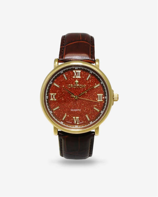 Men's Stainless Steel Quartz Watch with Rust Goldstone Glass Dial & Leather Strap  |  Dial