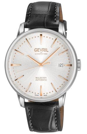 Mulberry Gevril Men's Mulberry SS Case, White Dial with embossed textured, Black Handmade Italian Leather Strap | White Dial