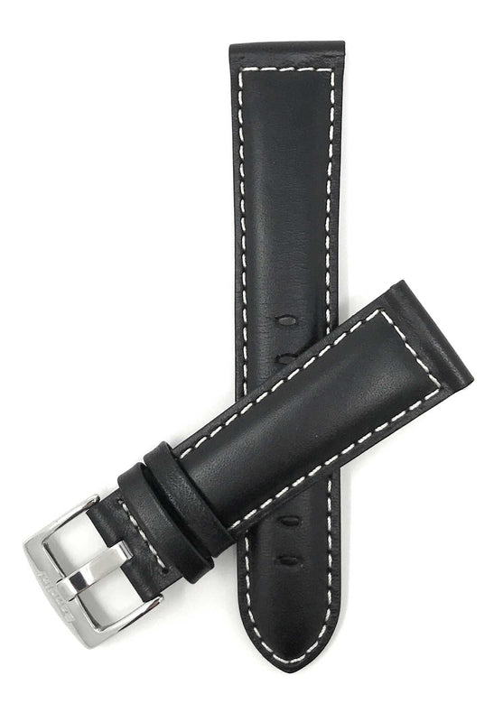 Bandini 26mm Extra long - Black Italian Leather Watch Band - Classic - Padded - White Stitch 26mm Extra long / Black / Silver Buckle |  Dial