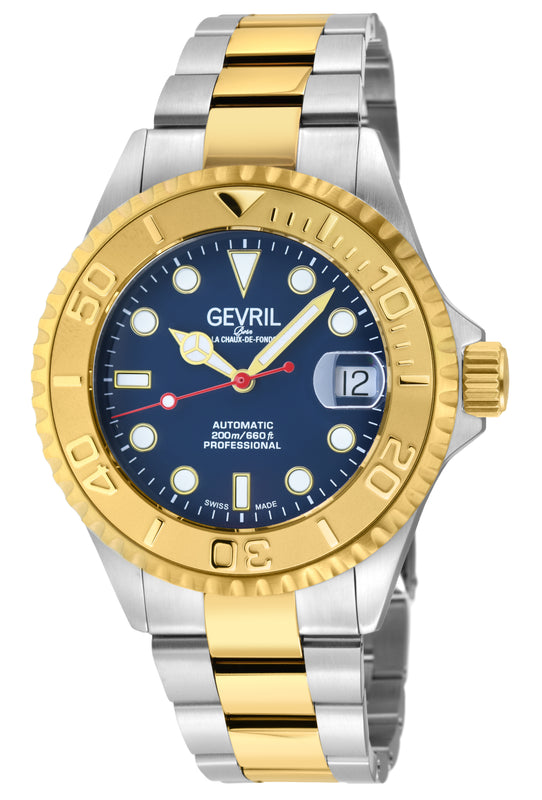 Wall Street Gevril Swiss Made SW200 Steel Rotating Bezel Diver's watch, Two toned Gold bezel, Blue dial | Blue Dial
